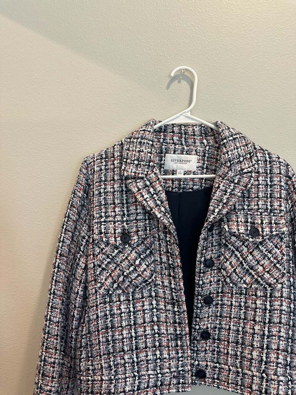 Liverpool Los Angeles Navy Multi Plaid Cropped Tweed Jacket Size S